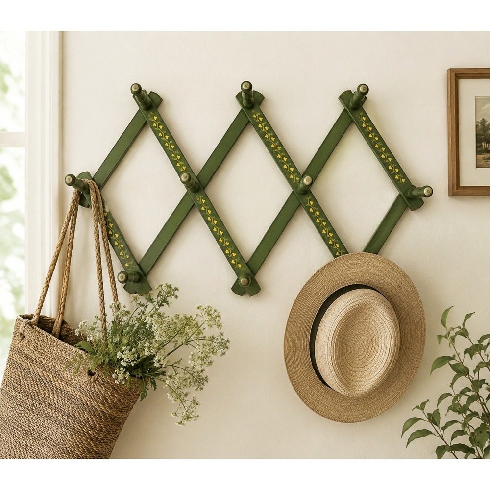 Vintage Wood Accordion Peg Rack Green Yellow Floral Wall Hat Coat MCM Cottage